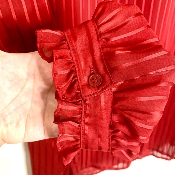 Vintage Red Blouse Sheer Pinstripe Ruffled Neck & Cuffs Christmas Valentine’s - Picture 7 of 11